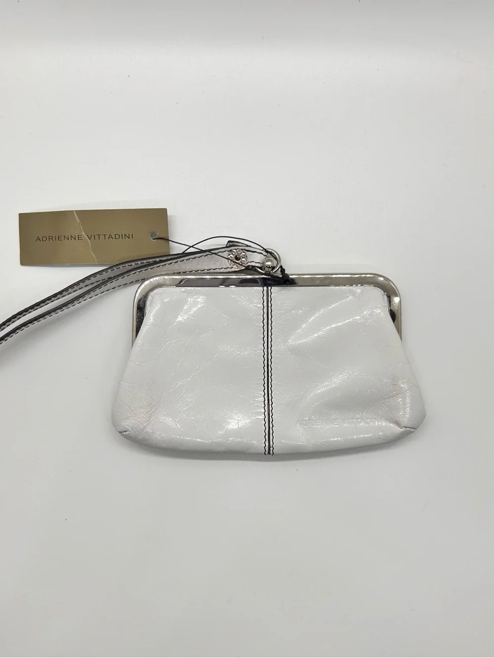New Adrienne Vittadini White Leather Wristlet Coin Purse with Center Stitching